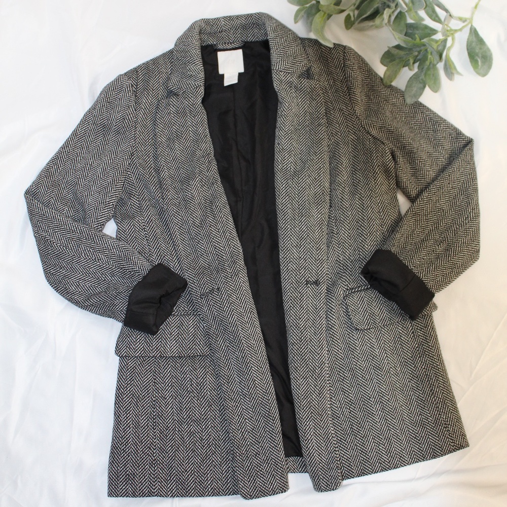 H&M Printed Black & White Plaid Blazer | Free Shipping |